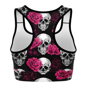 Women's Pink Roses & Skulls Halloween Athletic Sports Bra