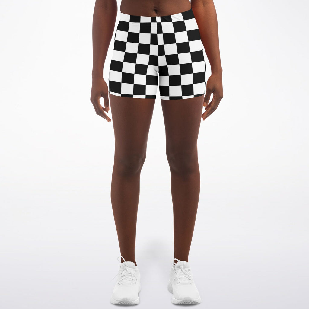 Women's Black White Checkerboard Mid-Rise Athletic Booty Shorts