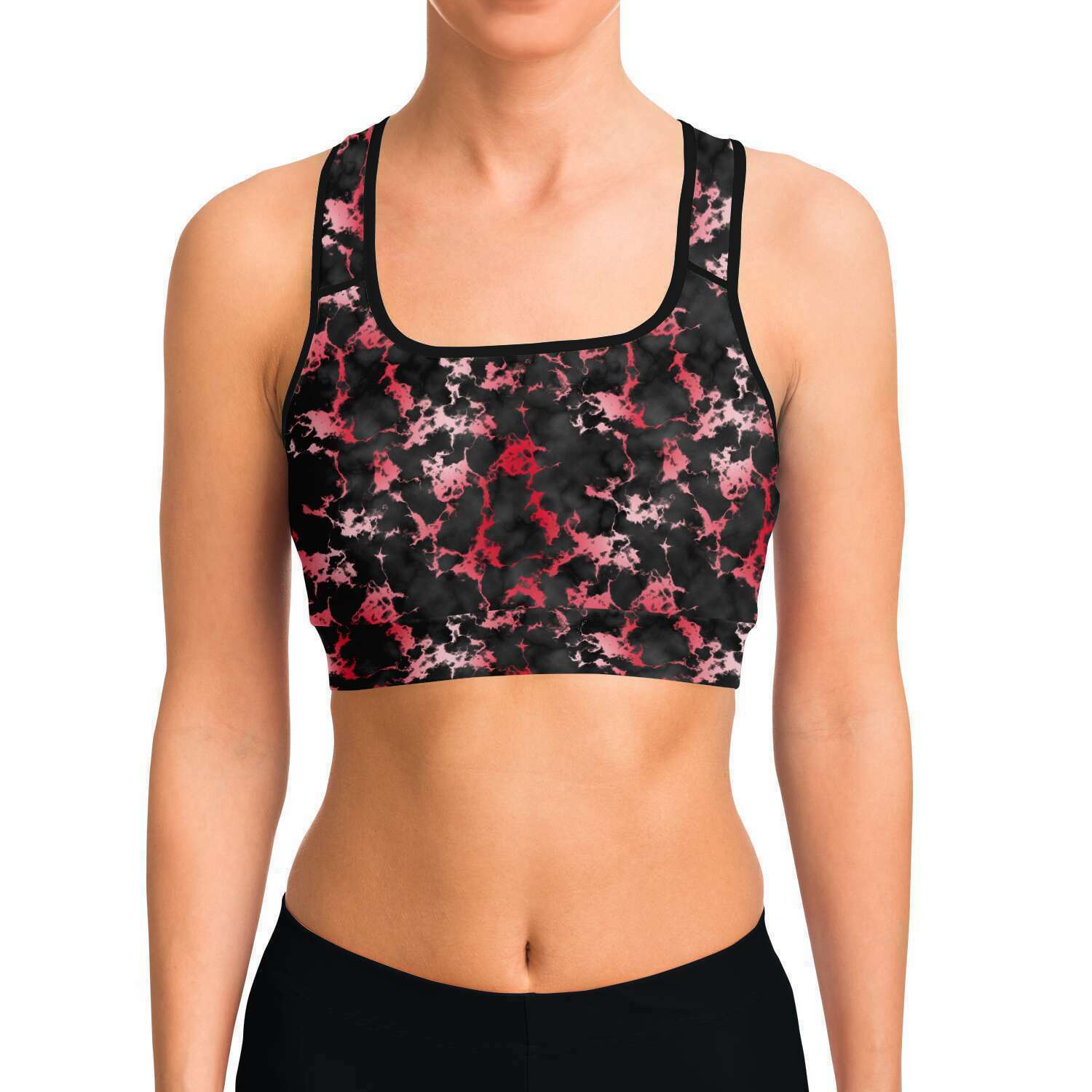 Women's Blood Red Gilded Marble Athletic Sports Bra Model Front