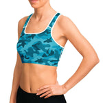 Women's All Cyan Blue Camouflage Athletic Sports Bra Model Left