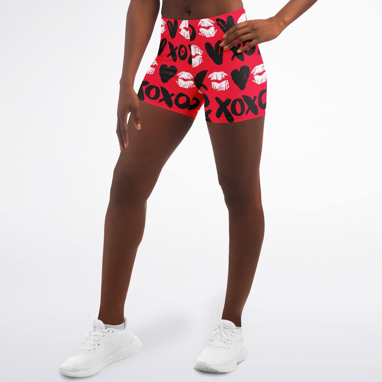 Women's Mid-rise Black Red Hugs Kisses Valentines Day Athletic Booty Shorts