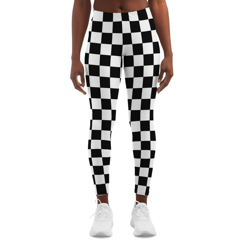 Women's Black White Checkerboard Mid-Rise Yoga Leggings 