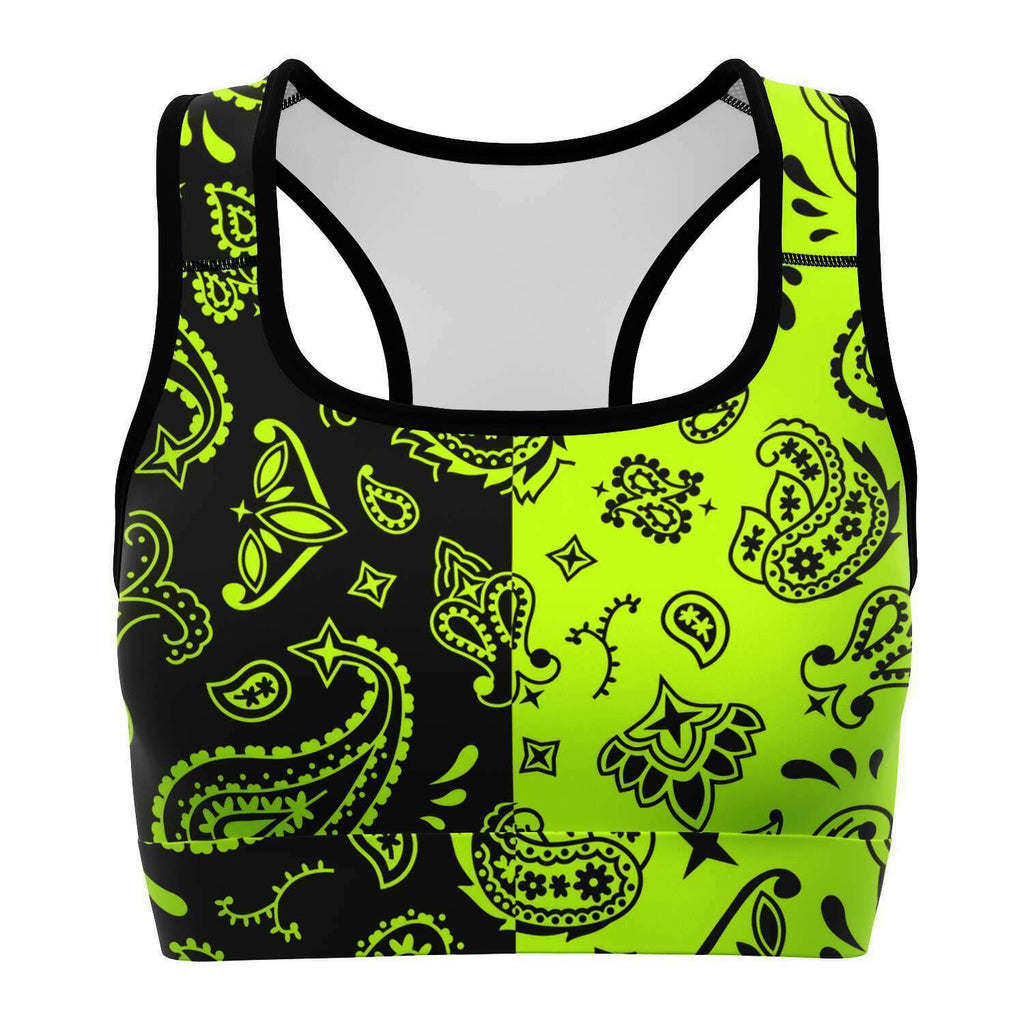 Women's Black Green Highlighter Split Paisley Athletic Sports Bra