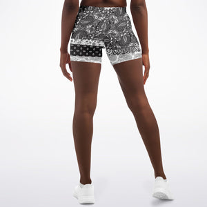 Women's Black White Paisley Patchwork Mid-rise Yoga Athletic Shorts Back