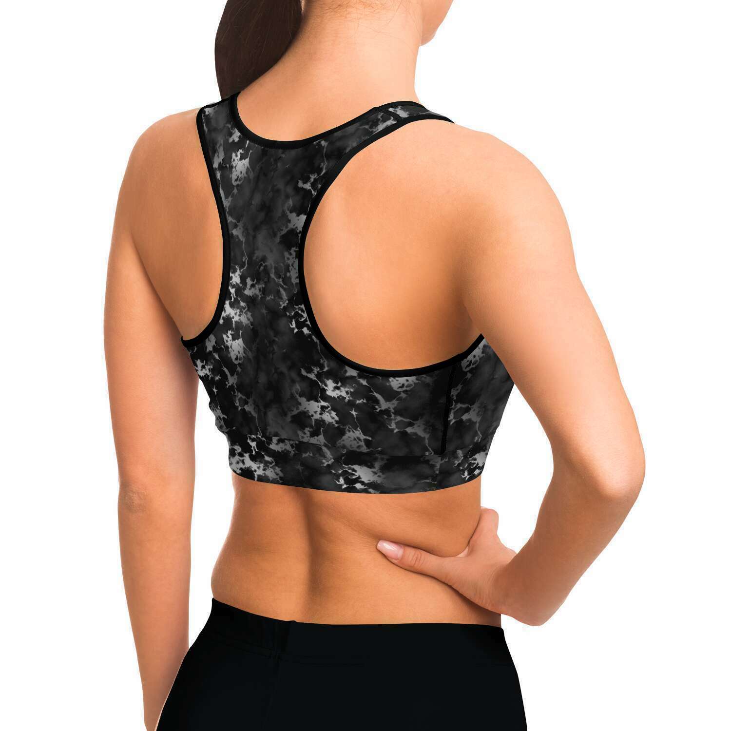 Women's Black Silver Gilded Marble Athletic Sports Bra Model Right