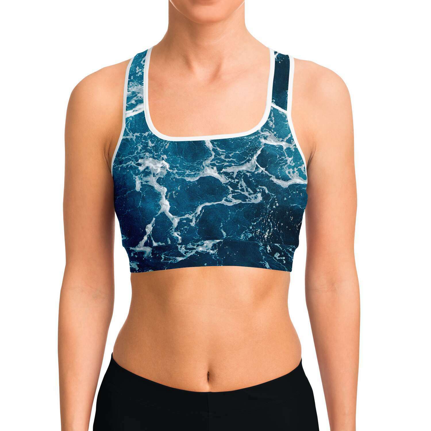 Women's Blue Ocean Waves Athletic Sports Bra Model Front