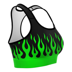 Women's Classic Green Hot Rod Flames Drip Athletic Sports Bra Right