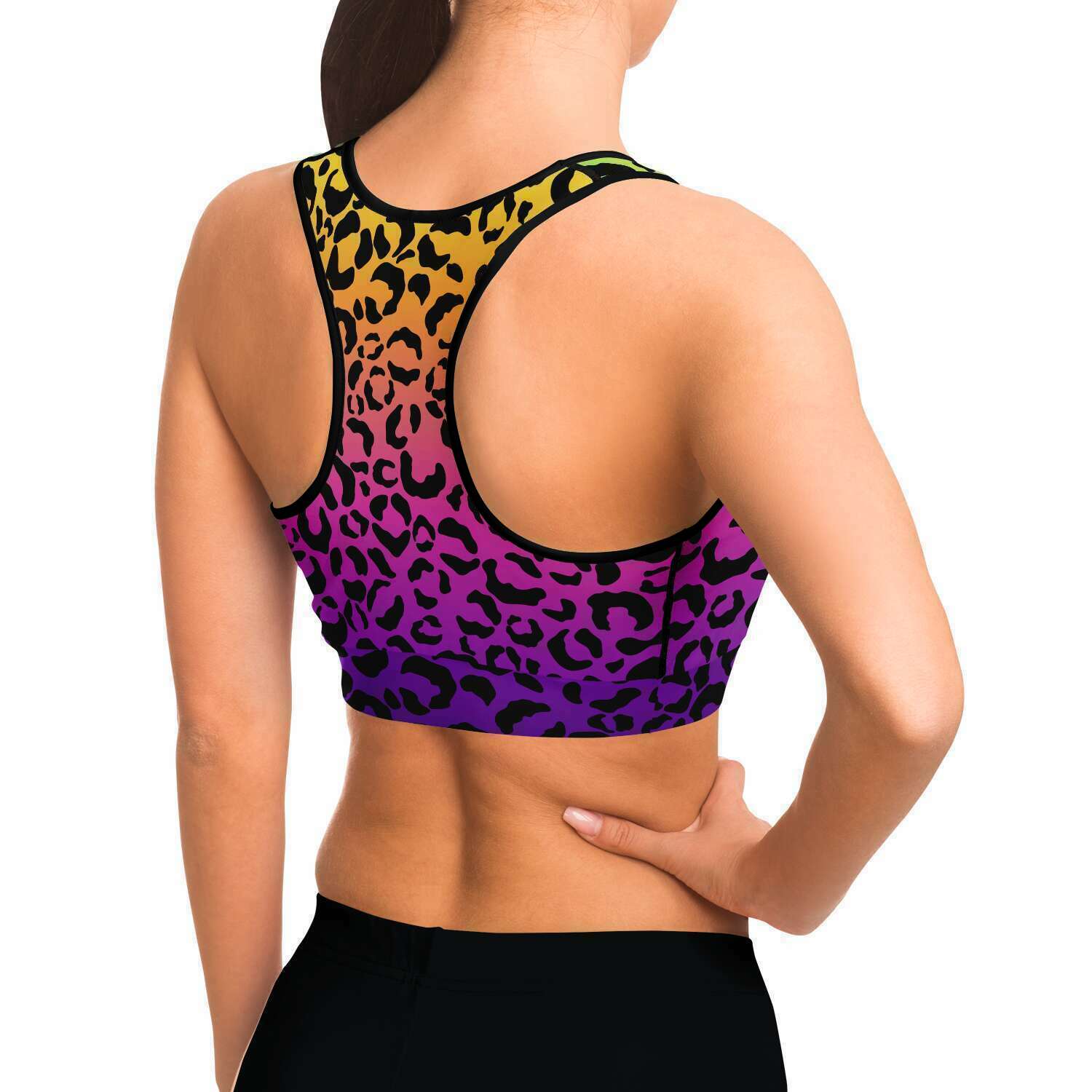 Women's Rainbow Gradient Leopard Cheetah Print Athletic Sports Bra Model Right