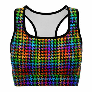 Women's Rainbow Houndstooth Plaid Pride Electric Rave Athletic Sports Bra