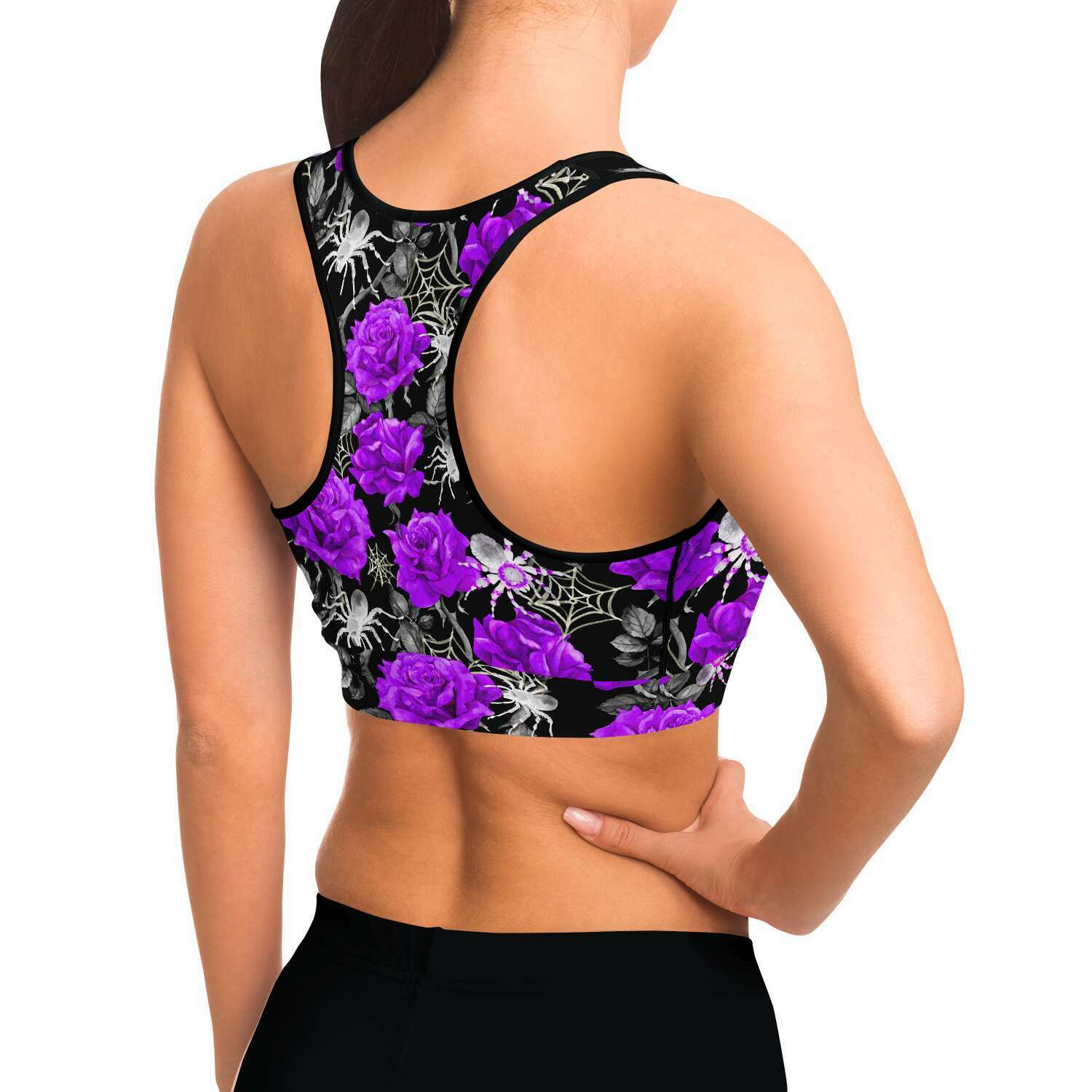 Women's Deadly Purple Roses & Spiders Halloween Athletic Sports Bra Model Right