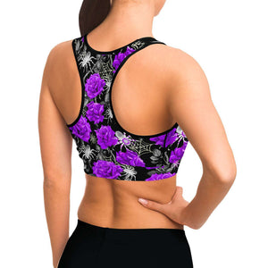 Women's Deadly Purple Roses & Spiders Halloween Athletic Sports Bra Model Right