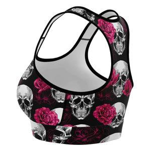 Women's Pink Roses & Skulls Halloween Athletic Sports Bra Left