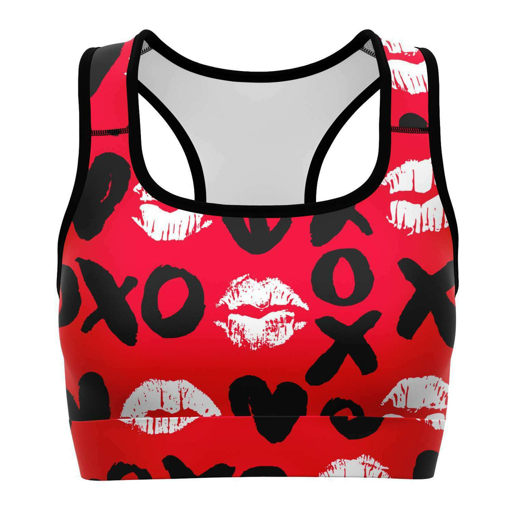 Women's Red Valentines Hearts Hugs Kisses Athletic Sports Bra
