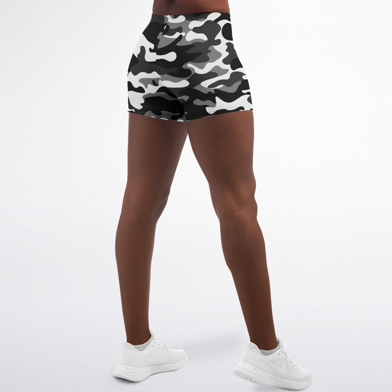 Women's Urban Jungle Black White Camouflage Mid-rise Athletic Booty Shorts