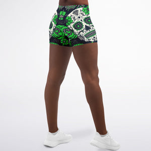 Women's Mid-rise Green Day of the Dead Sugar Skulls Halloween Athletic Booty Shorts