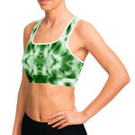 Women's Green Monotone Tie-Dye Athletic Sports Bra Model Left