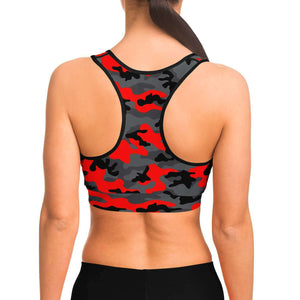 Women's Black Red Camouflage Athletic Sports Bra Model Back