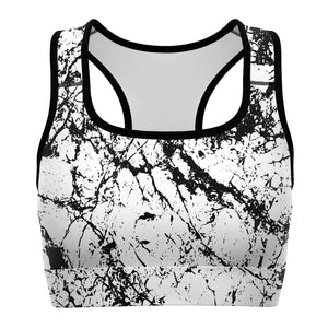 Women's White Marble Athletic Sports Bra Front