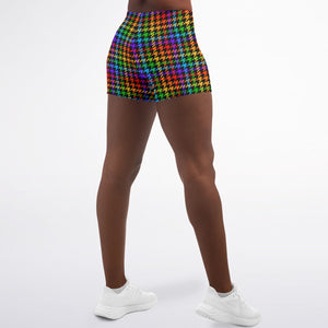 Women's Rainbow Houndstooth Plaid Pride Electric Rave Athletic Booty Shorts