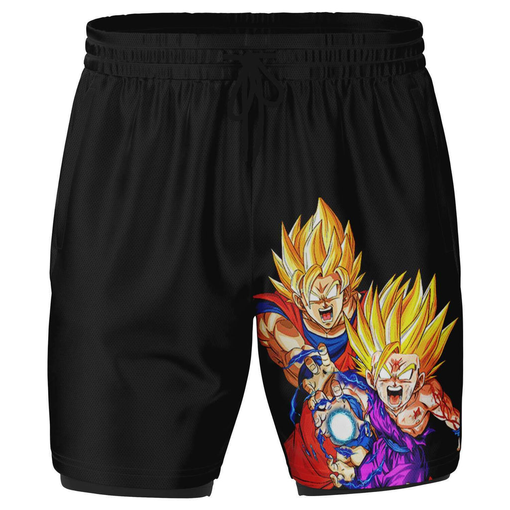 Men's 2-in-1 Goku Gohan Father Son Super Saiyan Kamehameha Anime Gym Shorts