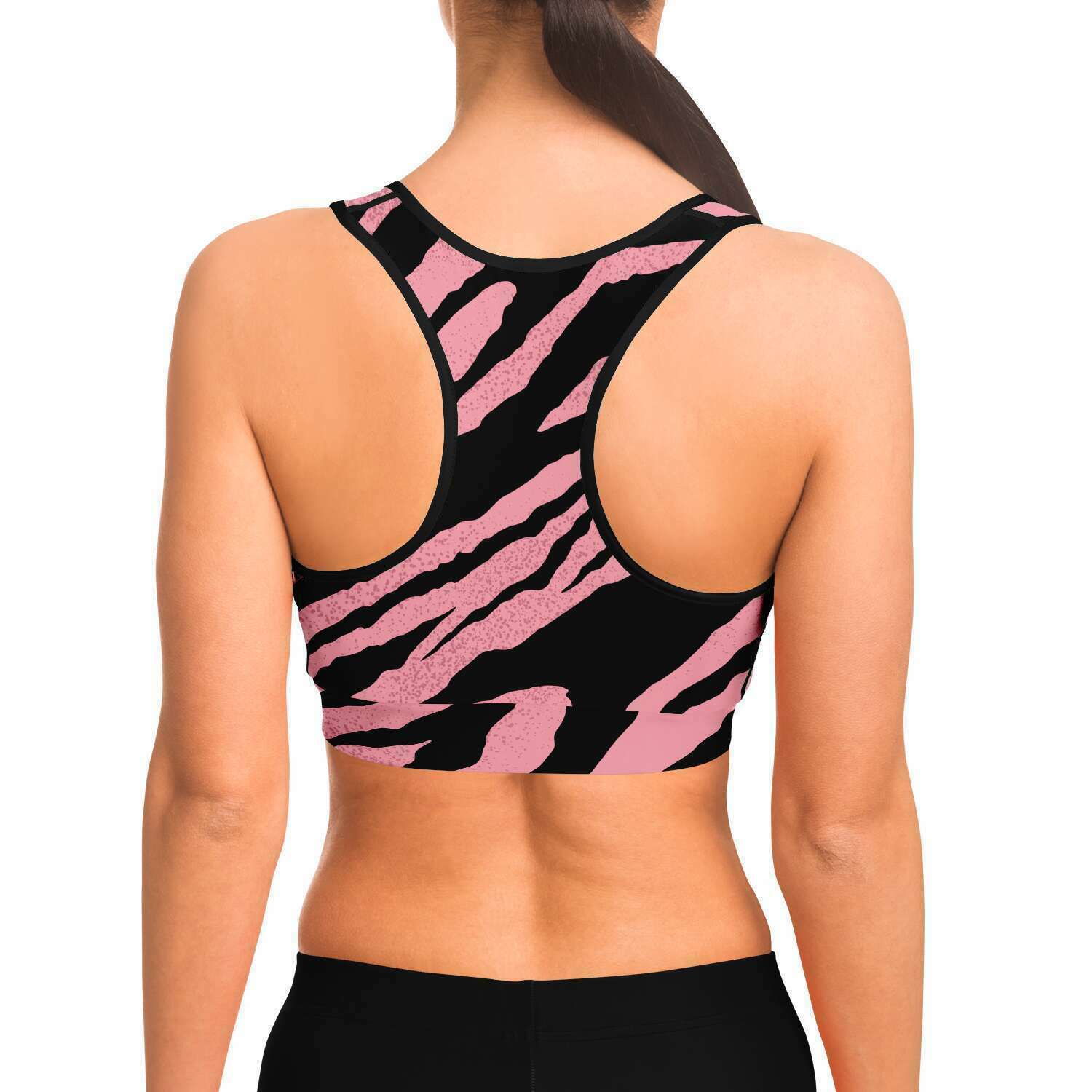 Women's Pink Tiger Stripes Athletic Sports Bra Model Back