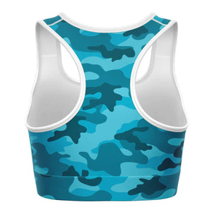 Women's All Cyan Blue Camouflage Athletic Sports Bra Back