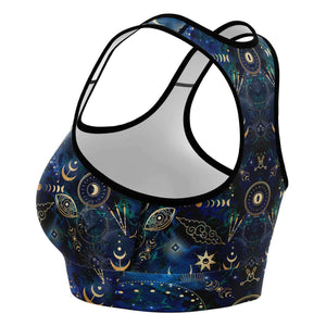 Women's Mystic Blue Astrological Tarot Athletic Sports Bra Left