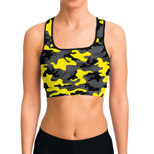 Women's Black Yellow Camouflage Athletic Sports Bra Model Front