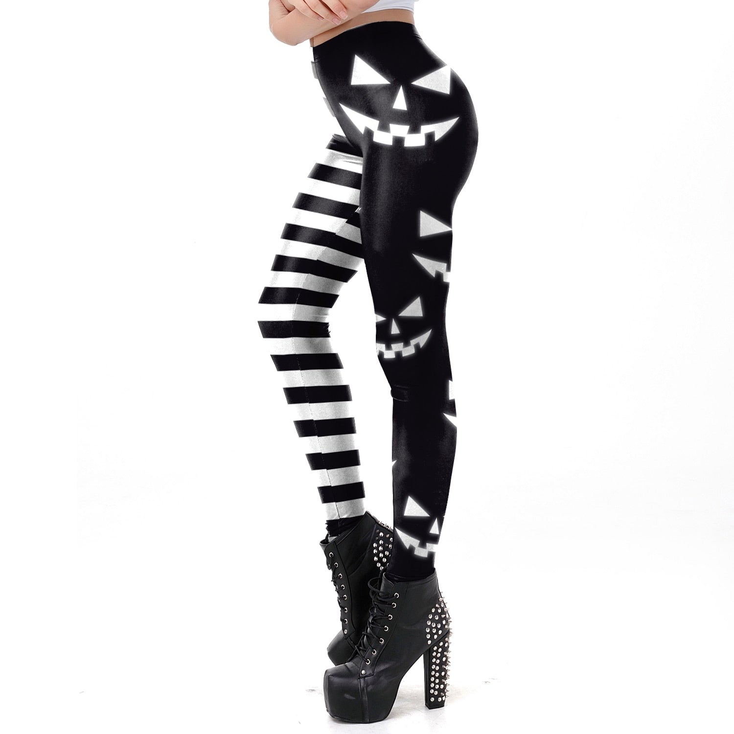 Women's Mid-Rise Split Black Witch Jack-O-Lantern Yoga Leggings