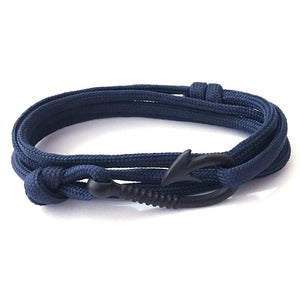 Men's Solid Navy Blue Multi-layer Paracord Fishing Hook Charm Fashion Bracelet Jewelry