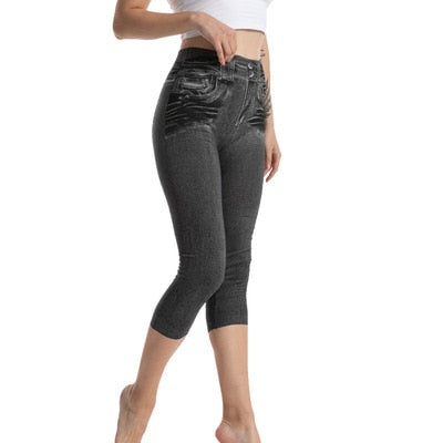 Women's Faux Fashion Grey Denim Jeans High-Waisted Capris Jeggings