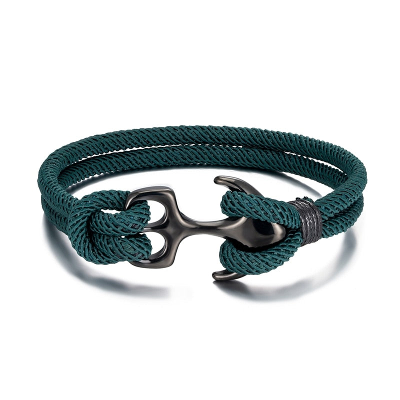 Men's Double Strand Green Paracord Rope Stainless Steel Nautical Anchor Bracelet Jewelry