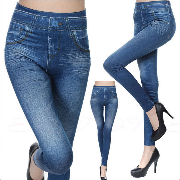 Women's Faux Fashion Blue Denim Jeans High-Waisted Leggings Jeggings