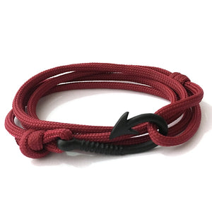 Men's Solid Red Wine Multi-layer Paracord Fishing Hook Charm Fashion Bracelet Jewelry