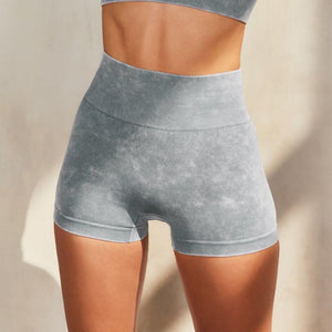 Women's Grey Seamless High-waisted Acid Washed Athletic Yoga Shorts