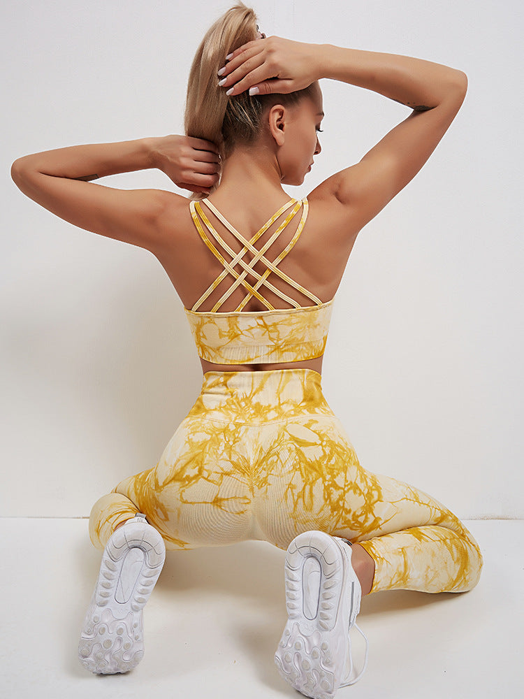 Women's Trendy Seamless Yellow Tie-Dye Sports Bra High-Rise Yoga Leggings Set