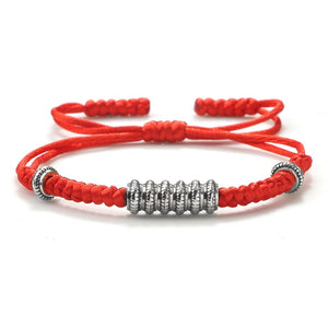 Lucky Handmade Red Braided Tibetan Buddhist Silver Beaded Charm Bracelets