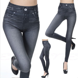 Women's Faux Fashion Black Denim Jeans High-Waisted Leggings Jeggings