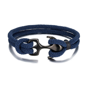 Men's Double Strand Navy Blue Paracord Rope Stainless Steel Nautical Anchor Bracelet Jewelry