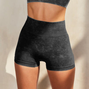 Women's Black Seamless High-waisted Acid Washed Athletic Yoga Shorts