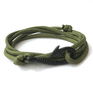 Men's Solid Olive Multi-layer Paracord Fishing Hook Charm Fashion Bracelet Jewelry