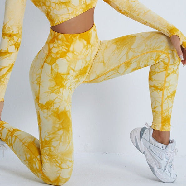 Women's Trendy Seamless Yellow Tie-Dye High-rise Athletic Yoga Leggings