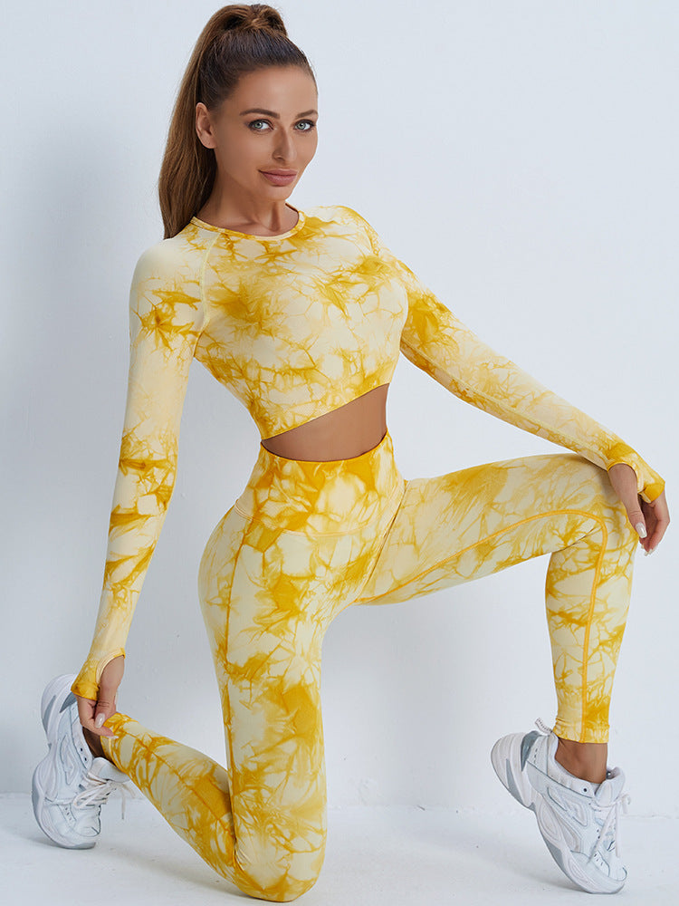 Women's Trendy Seamless Yellow Tie-Dye Crop Top High-rise Yoga Leggings Set