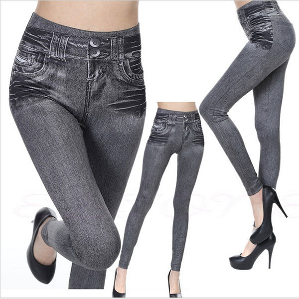Women's Faux Fashion Grey Denim Jeans High-Waisted Leggings Jeggings