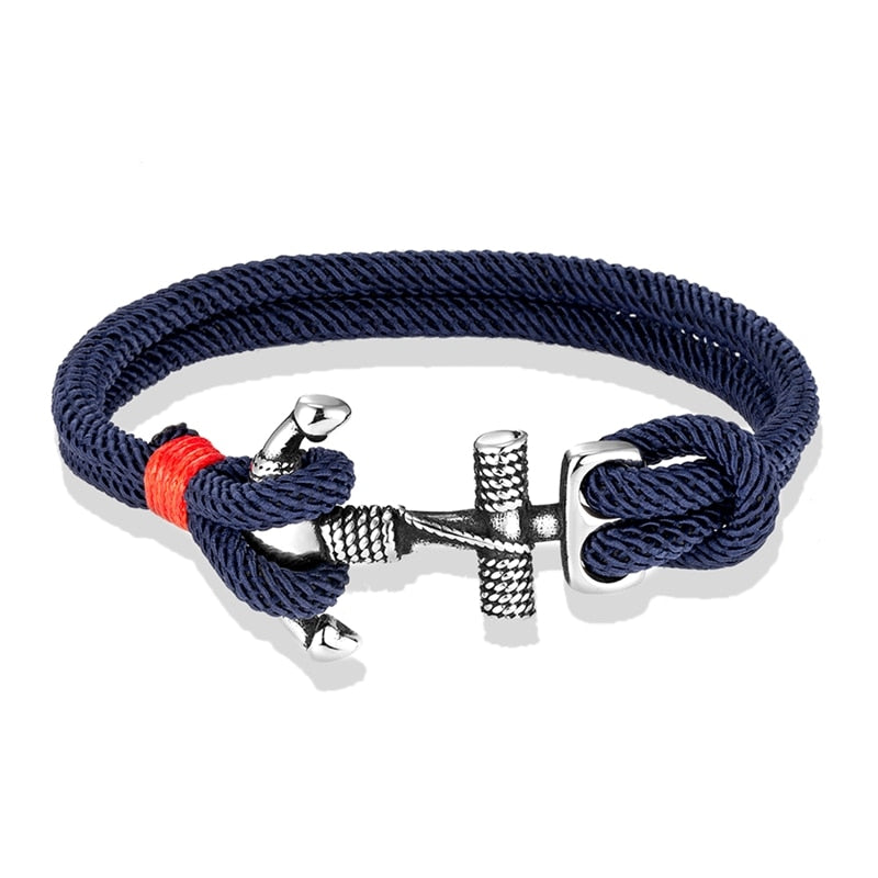 Men's Double Navy Blue Red Tie Rope Classic Nautical Anchor Bracelet Jewelry