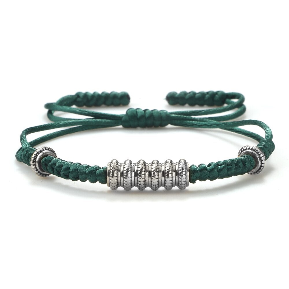 Lucky Handmade Emerald Green Braided Tibetan Buddhist Silver Beaded Charm Bracelets