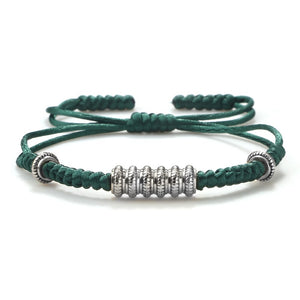 Lucky Handmade Emerald Green Braided Tibetan Buddhist Silver Beaded Charm Bracelets
