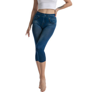Women's Faux Fashion Blue Denim Jeans High-Waisted Capris Jeggings