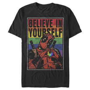 Men's Black Vintage Retro Marvel Deadpool Believe Rainbow Graphic Comic Gym T-Shirt