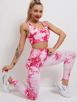 Women's Trendy Pink Seamless Blue Tie-Dye Sports Bra High-Rise Yoga Leggings Set
